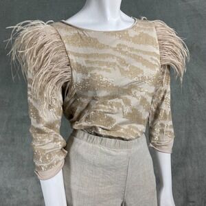 Le Superbe Womens Top S Ostrich Fluffy Feather Sequin Party Extravagant Sexy Art